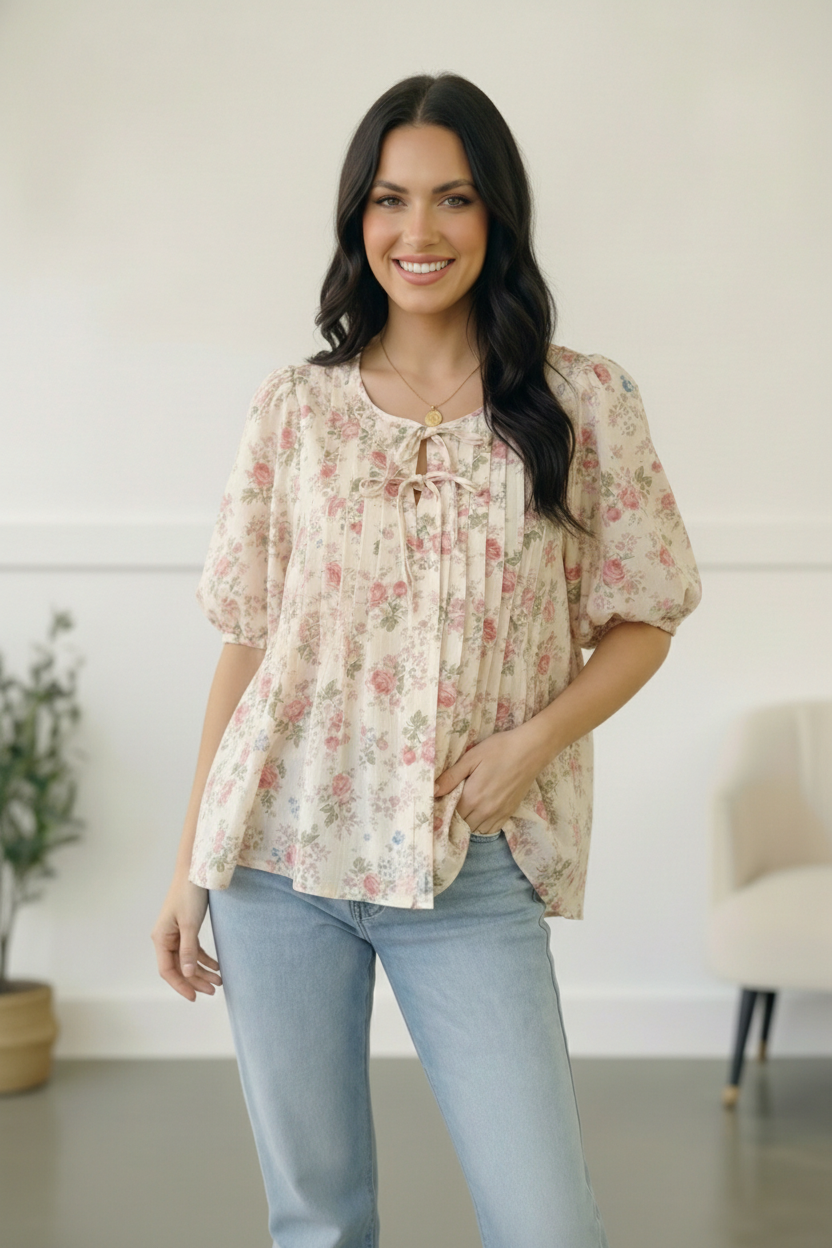 With a Rosy Glow Cream Pleated Top - Charming Charlie