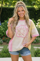 Patchwork Flower Oversized Tee in Pink and Yellow - Charming Charlie