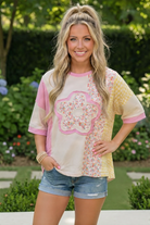 Patchwork Flower Oversized Tee in Pink and Yellow - Charming Charlie