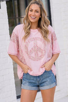 Floral Peace Sign Lace Trim Oversized Tee - Charming Charlie