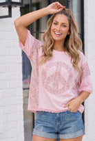Floral Peace Sign Lace Trim Oversized Tee - Charming Charlie