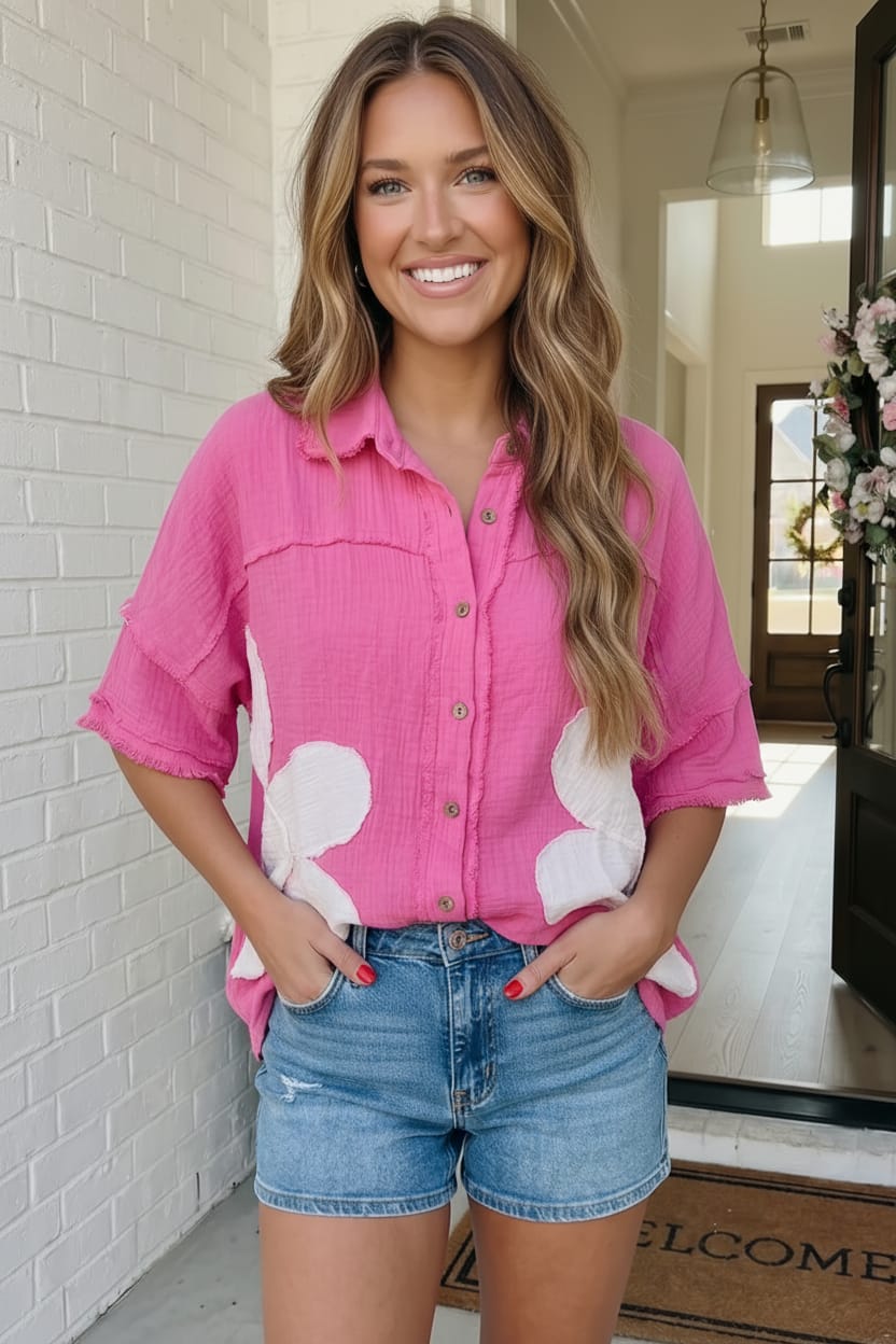 Big Bloom Button Down in Hot Pink - Charming Charlie
