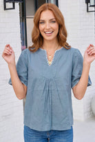 Dusty Blue Dreams Embroidered V-Neck Top - Charming Charlie