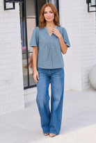 Dusty Blue Dreams Embroidered V-Neck Top - Charming Charlie