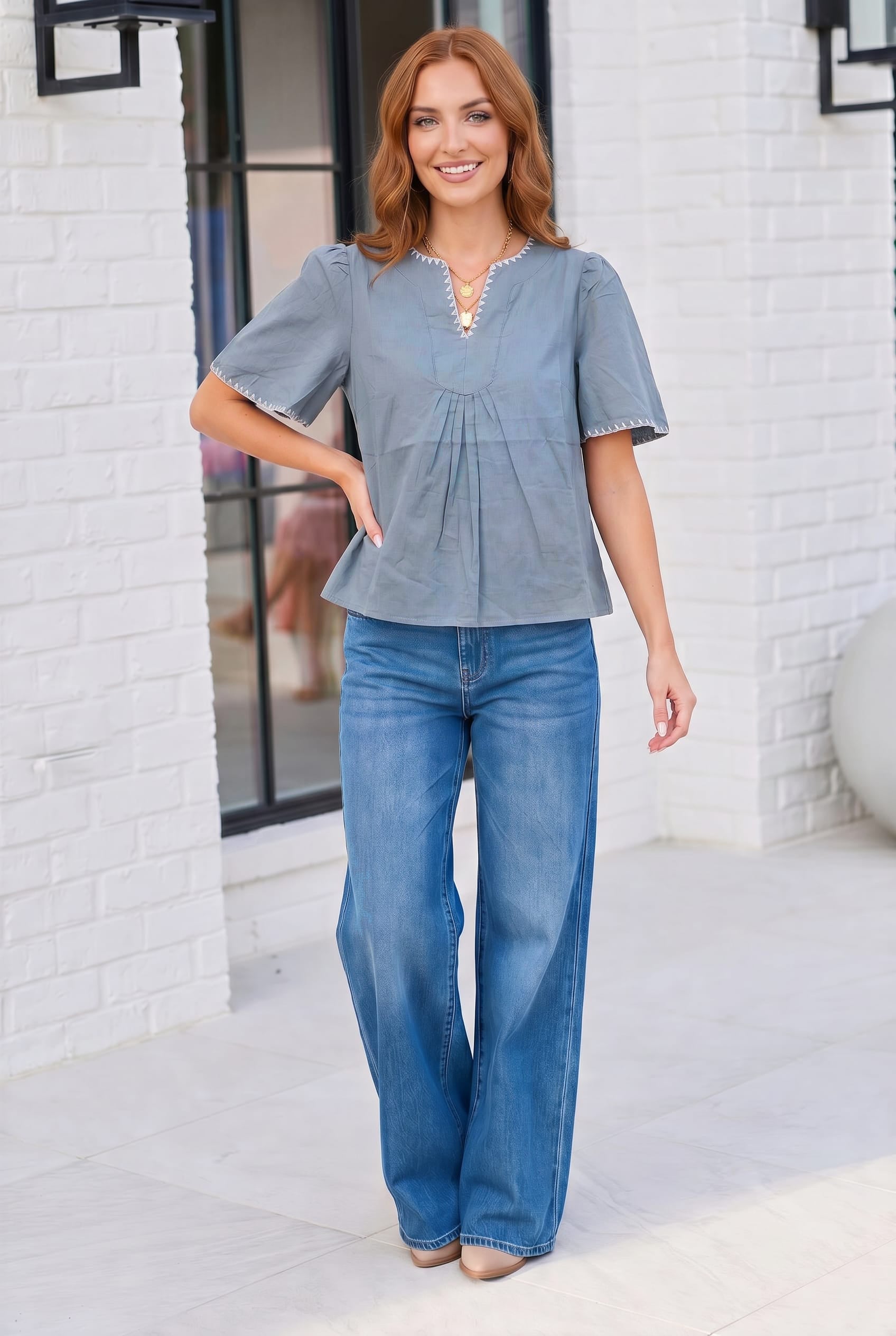 Dusty Blue Dreams Embroidered V-Neck Top - Charming Charlie