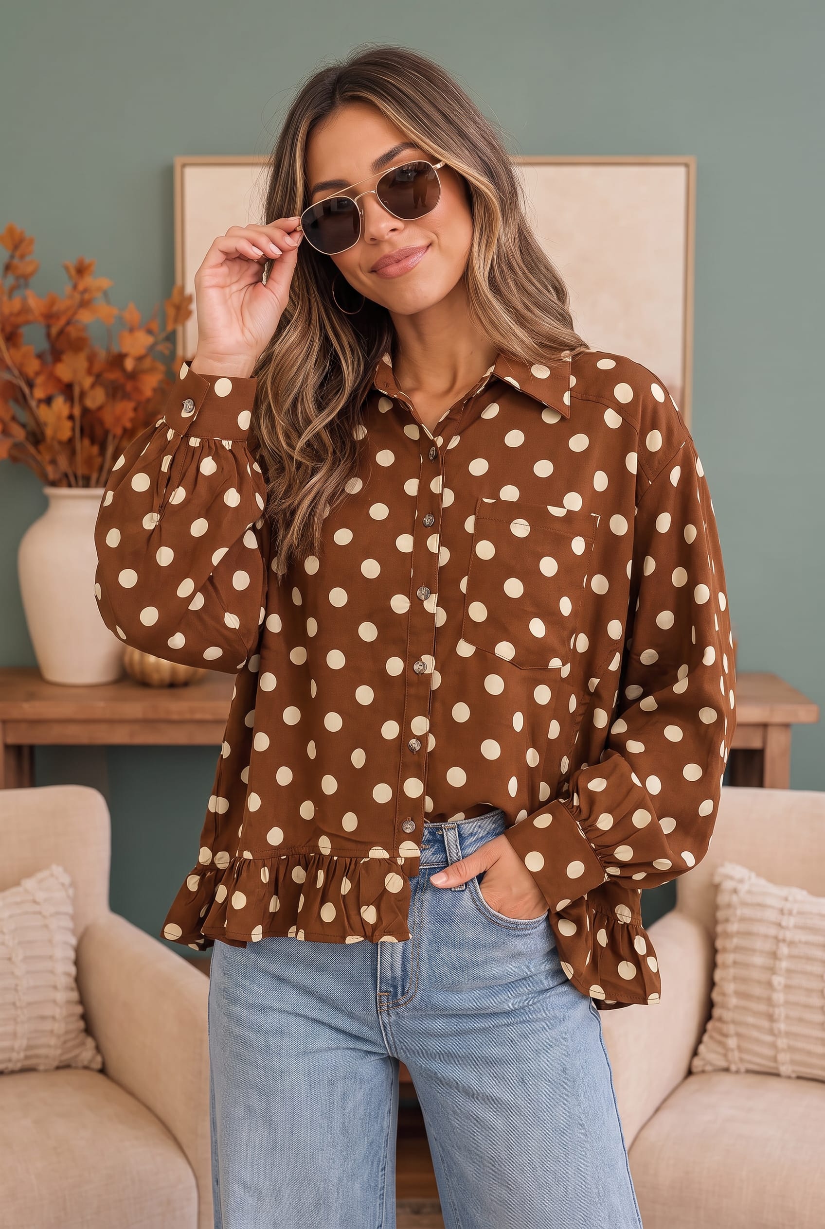 Spotted in Style Polka Dot Ruffle Blouse - Charming Charlie