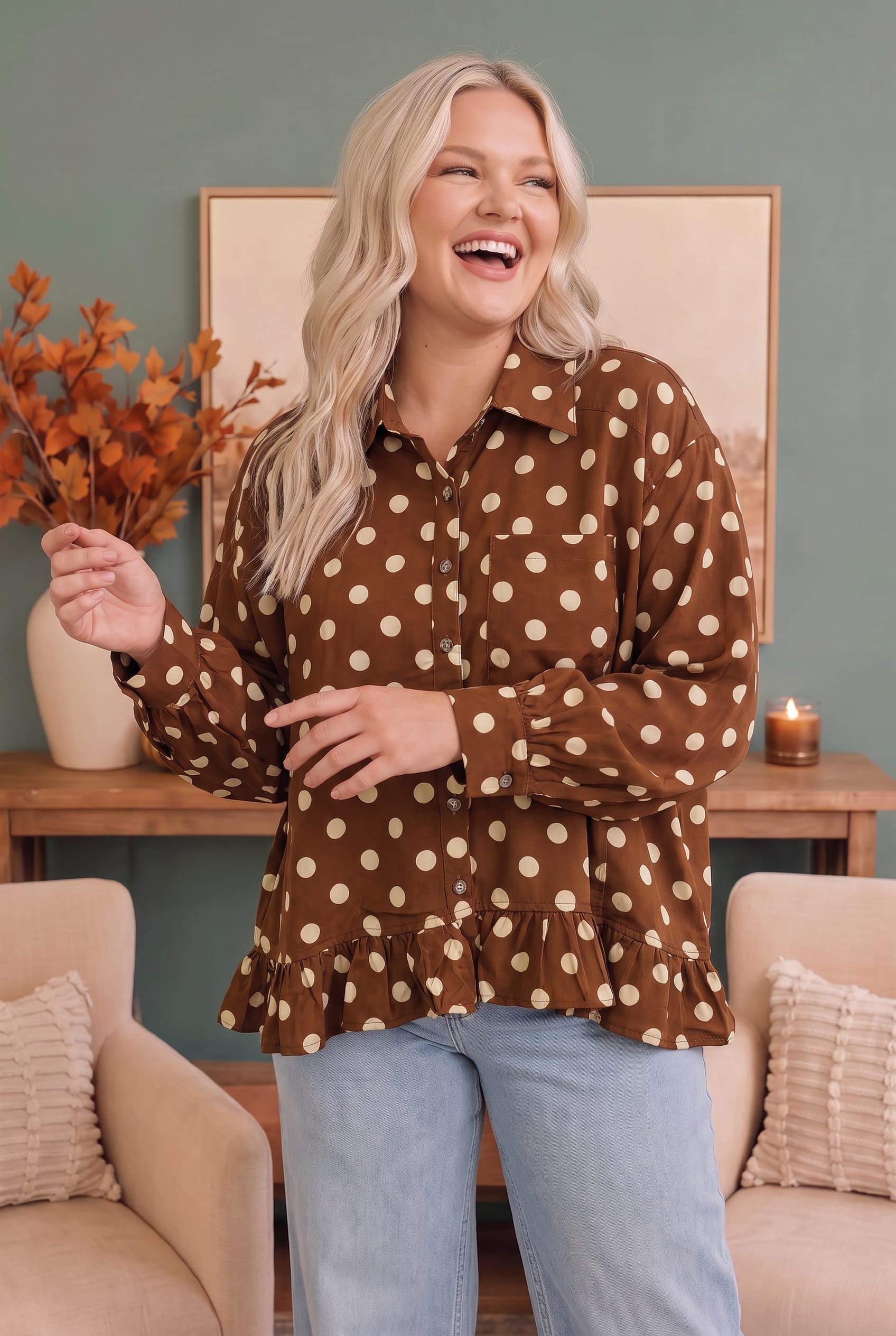 Spotted in Style Polka Dot Ruffle Blouse - Charming Charlie