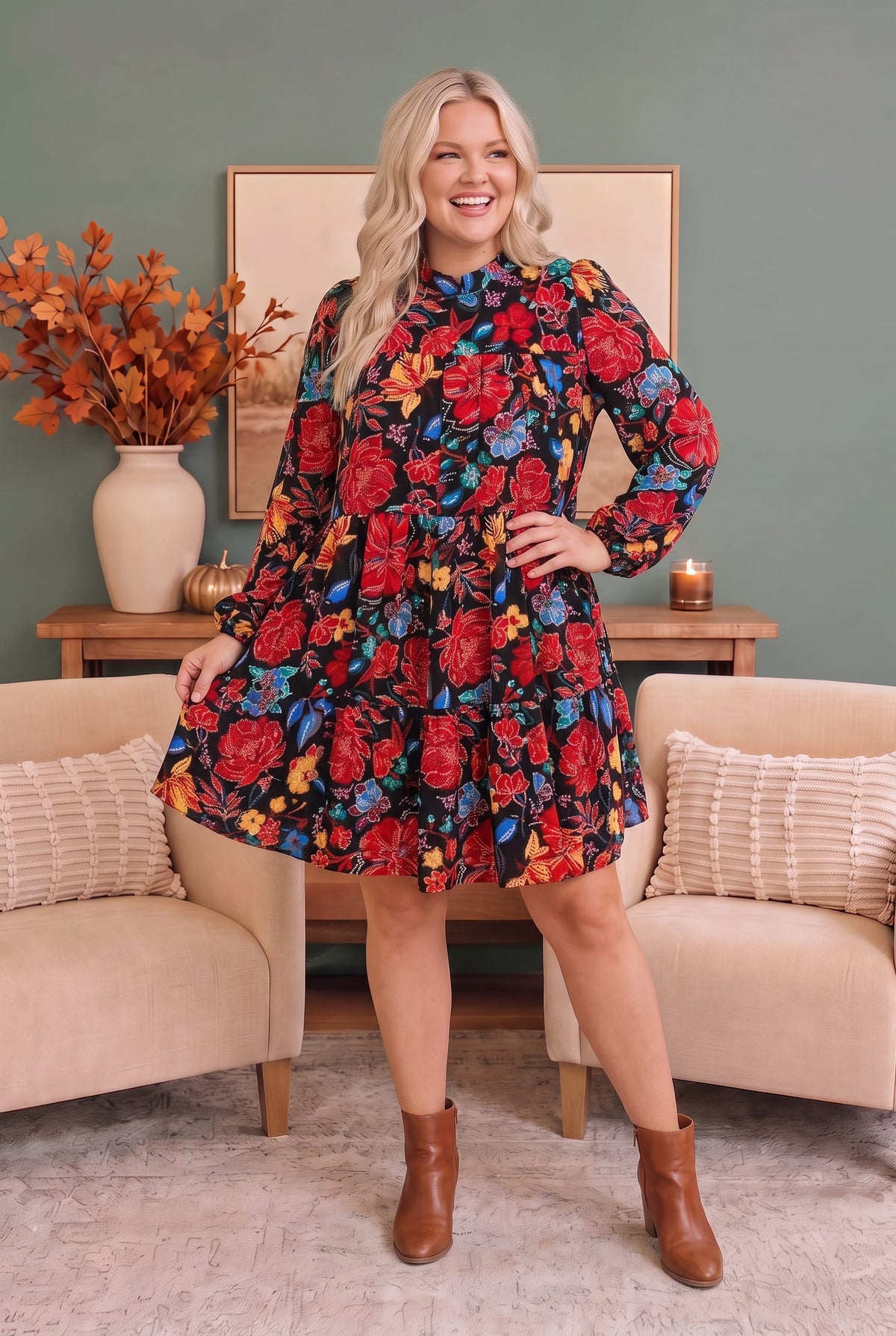 Bold Blooms Long Sleeve Tiered Mini Dress - Charming Charlie