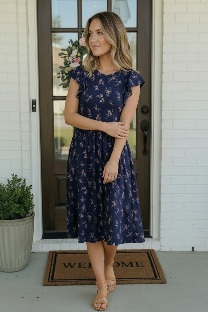 Navy Floral Flutter Sleeve Midi Dress - Charming Charlie