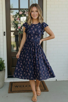 Navy Floral Flutter Sleeve Midi Dress - Charming Charlie