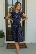 Navy Floral Flutter Sleeve Midi Dress - Charming Charlie
