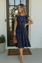 Navy Floral Flutter Sleeve Midi Dress - Charming Charlie