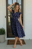 Navy Floral Flutter Sleeve Midi Dress - Charming Charlie