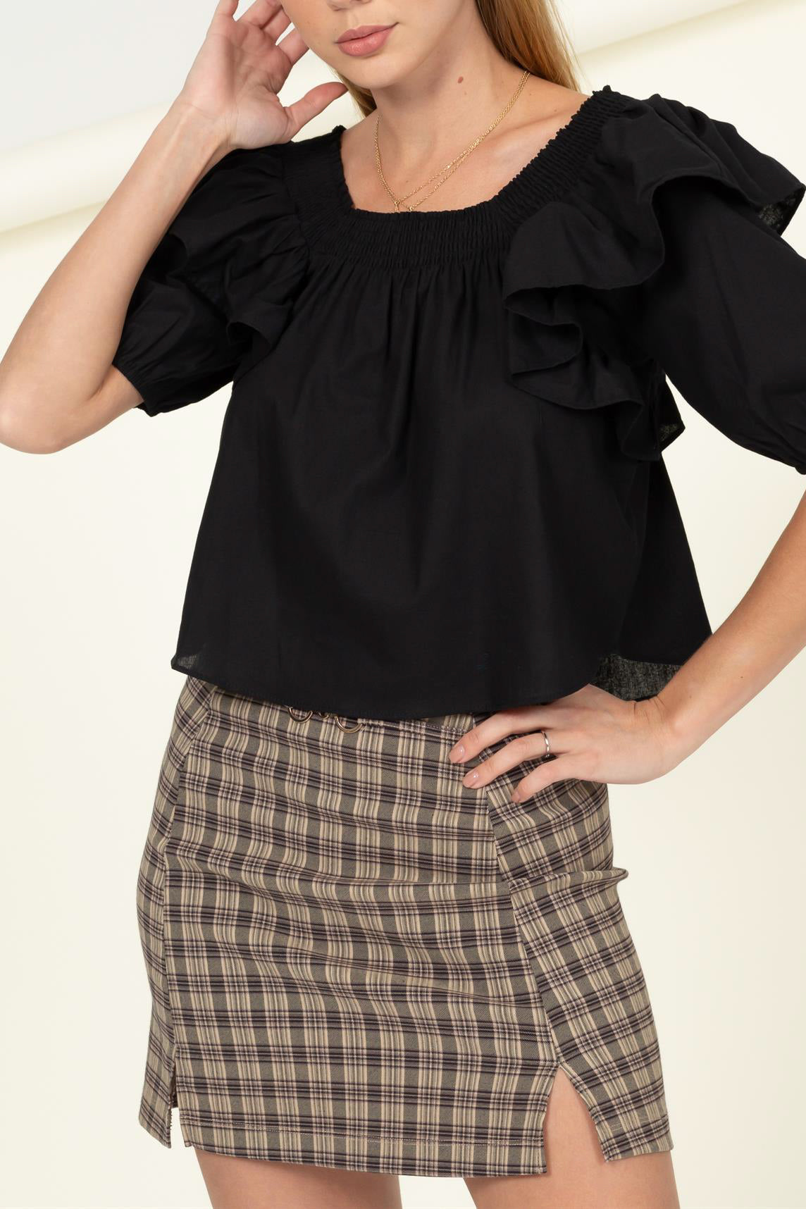 Woven Ruffle Sleeve Blouse