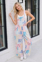 Pastel Patchwork Floral Wide Leg Overalls - Charming Charlie