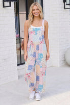 Pastel Patchwork Floral Wide Leg Overalls - Charming Charlie