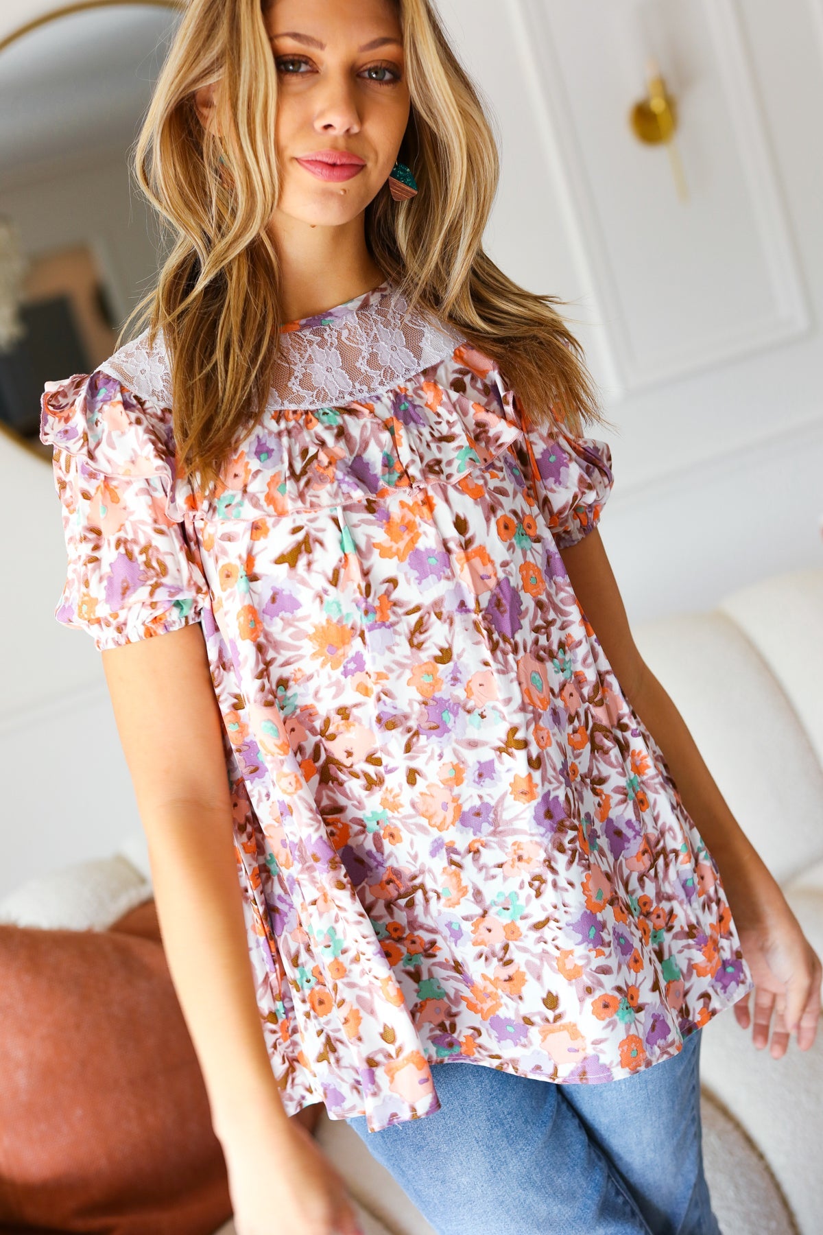 Lavender Watercolor Lace & Ruffle Woven Top - Charming Charlie