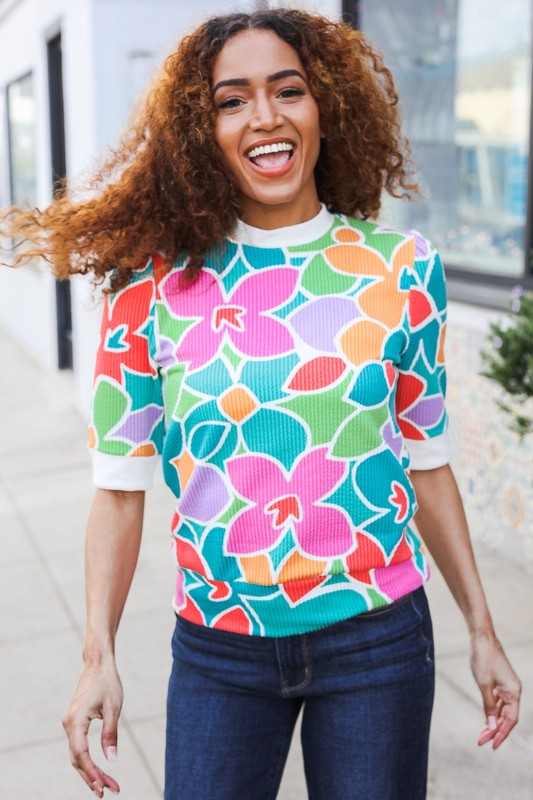 Spring Vibes Multicolor floral Rib Back Bow Tie Detail Top - Charming Charlie