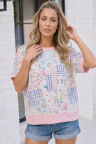 Floral Patchwork Short Sleeve Sweatshirt Top - Charming Charlie