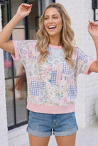 Floral Patchwork Short Sleeve Sweatshirt Top - Charming Charlie