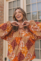 Autumn Patchwork Boho Blouse in Rust - Charming Charlie