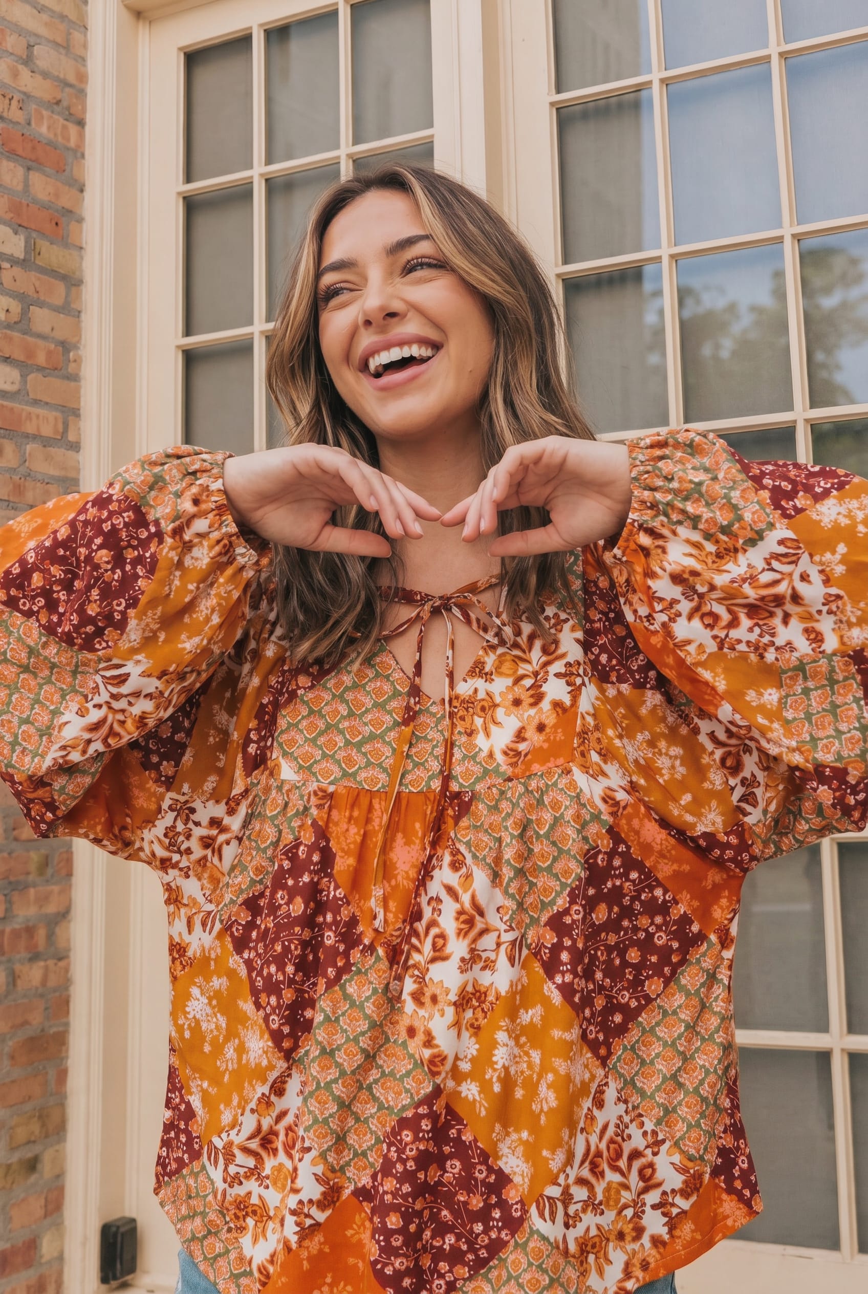 Autumn Patchwork Boho Blouse in Rust - Charming Charlie
