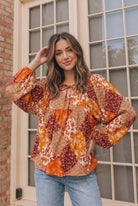 Autumn Patchwork Boho Blouse in Rust - Charming Charlie