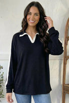 Varsity Vibes Notched Collar Black Top - Charming Charlie