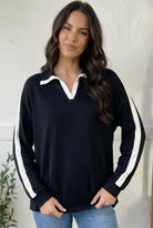 Varsity Vibes Notched Collar Black Top - Charming Charlie
