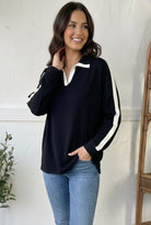 Varsity Vibes Notched Collar Black Top - Charming Charlie