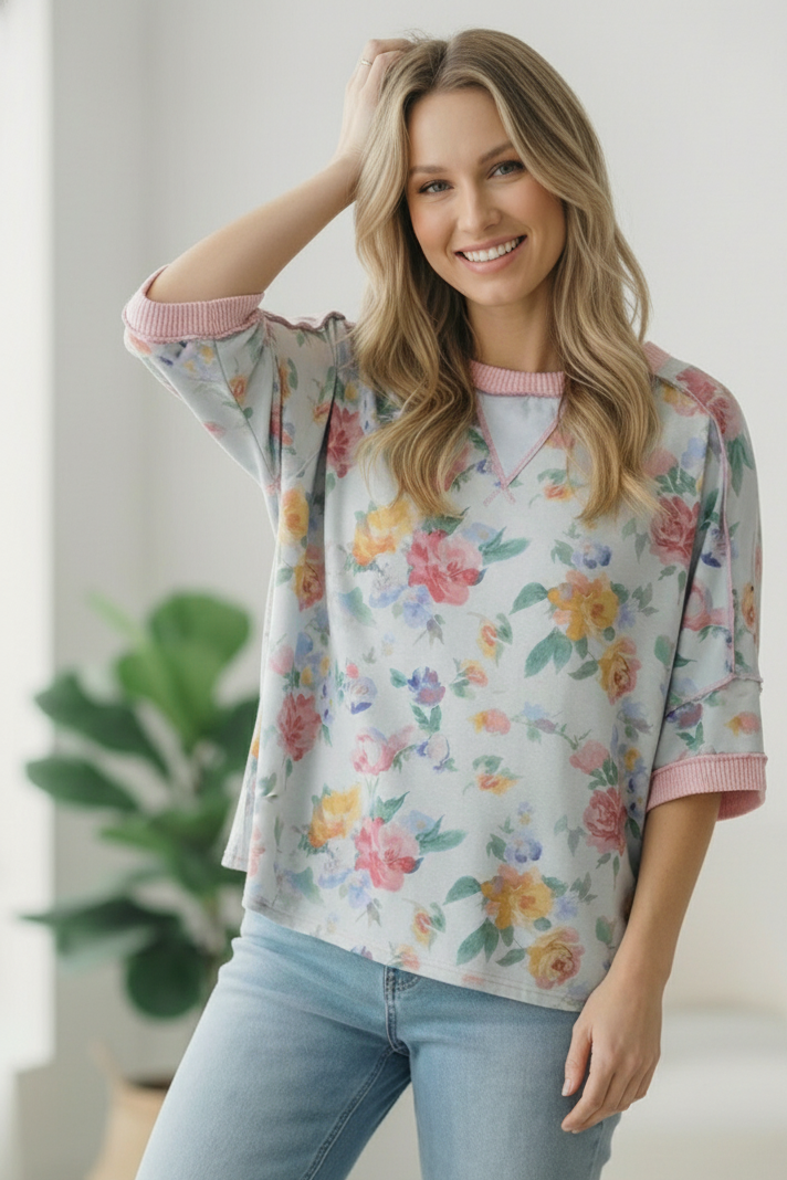 Rosey Teacup Ribbed Crewneck - Charming Charlie