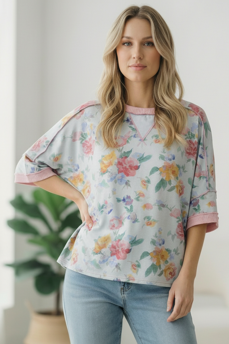 Rosey Teacup Ribbed Crewneck - Charming Charlie