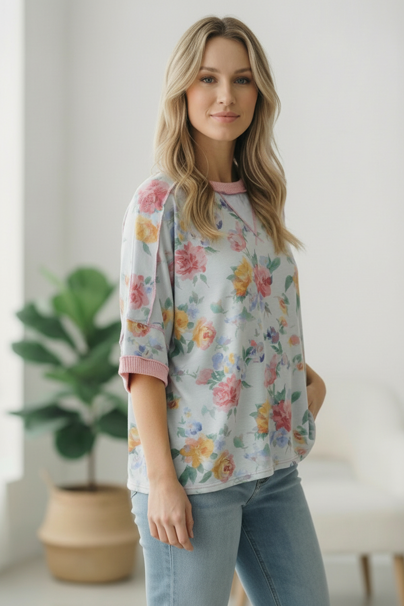 Rosey Teacup Ribbed Crewneck - Charming Charlie