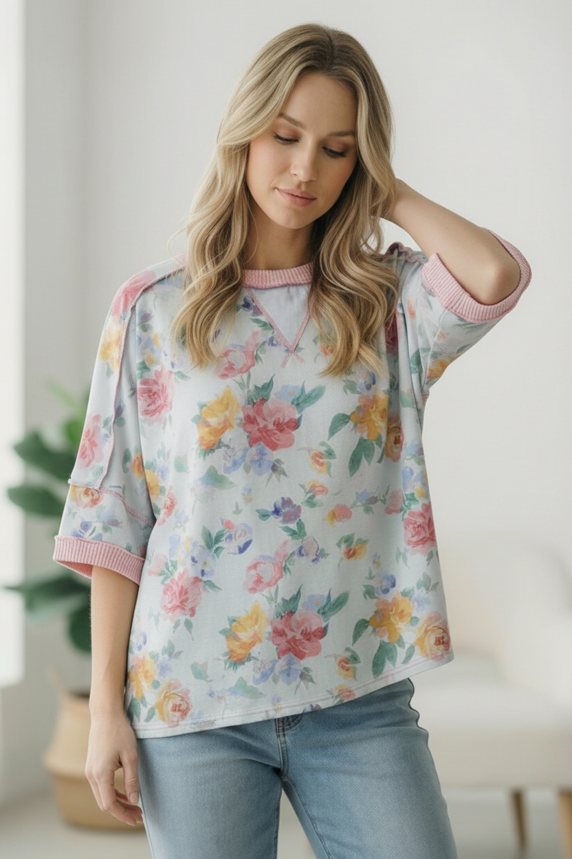 Rosey Teacup Ribbed Crewneck - Charming Charlie