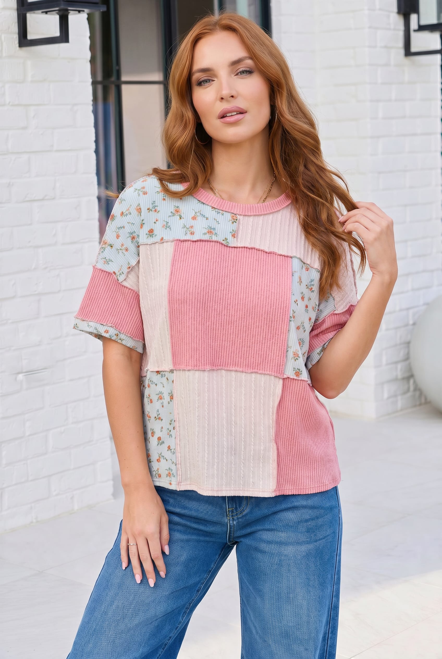 Patchwork Floral Ruffle Top in Pink and Blue - Charming Charlie