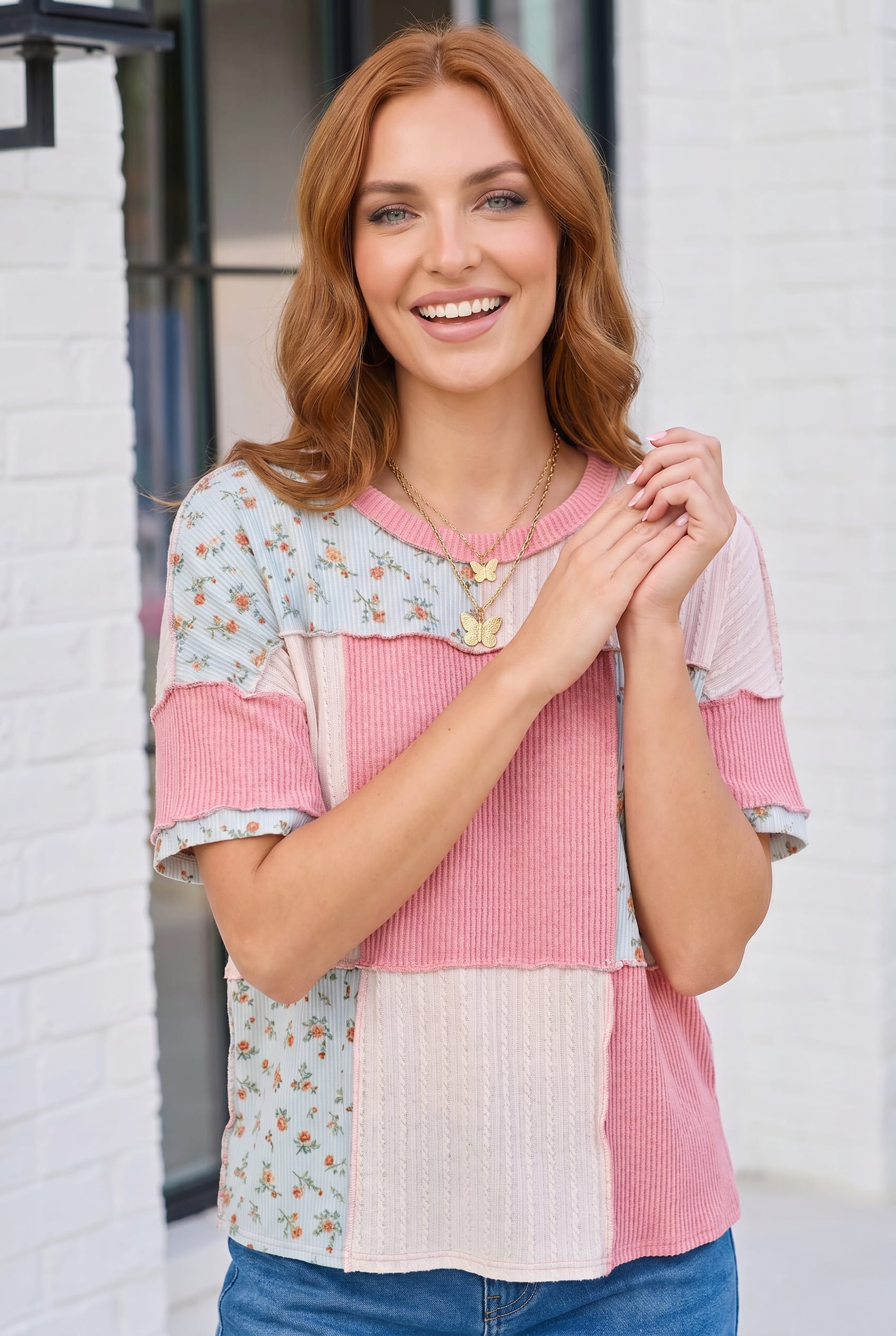Patchwork Floral Ruffle Top in Pink and Blue - Charming Charlie