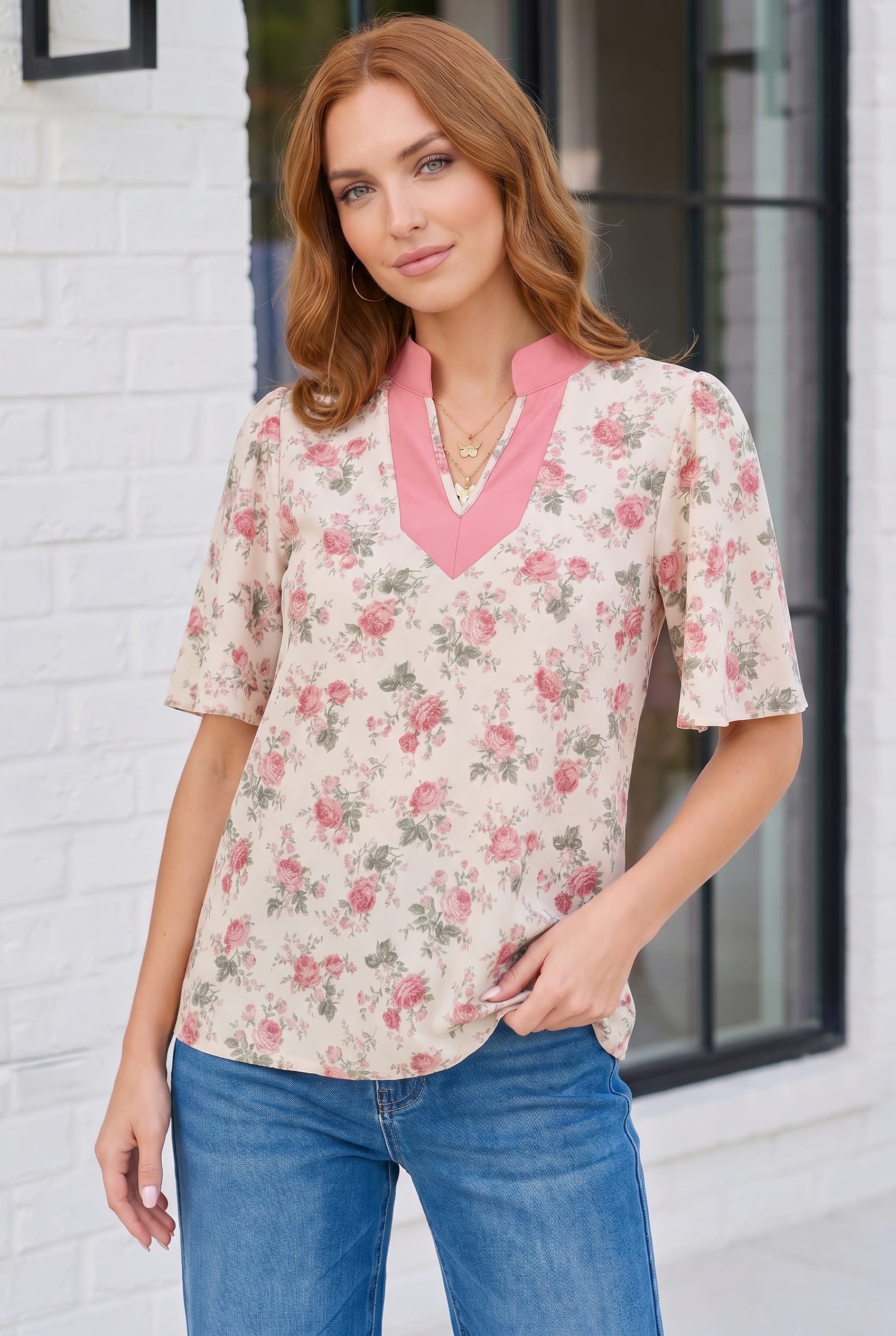 Rosy Garden Flutter Sleeve Blouse - Charming Charlie