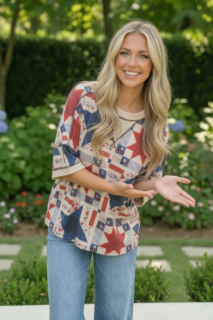 Stars and Patches Quilted Print Top - Charming Charlie