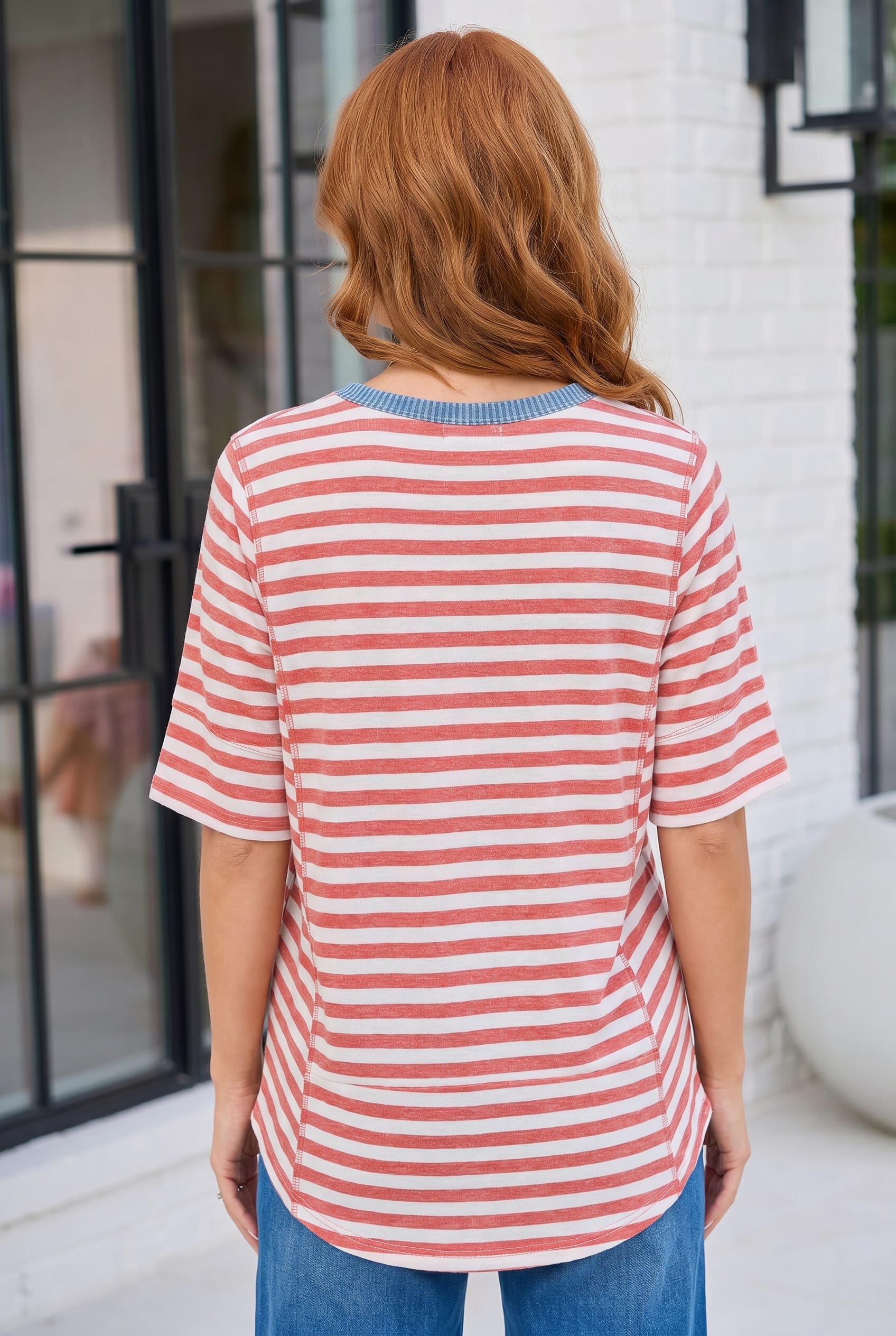 Retro Stripe Oversized Tee with Contrast Ribbed Neck - Charming Charlie
