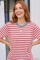 Retro Stripe Oversized Tee with Contrast Ribbed Neck - Charming Charlie