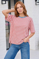 Retro Stripe Oversized Tee with Contrast Ribbed Neck - Charming Charlie
