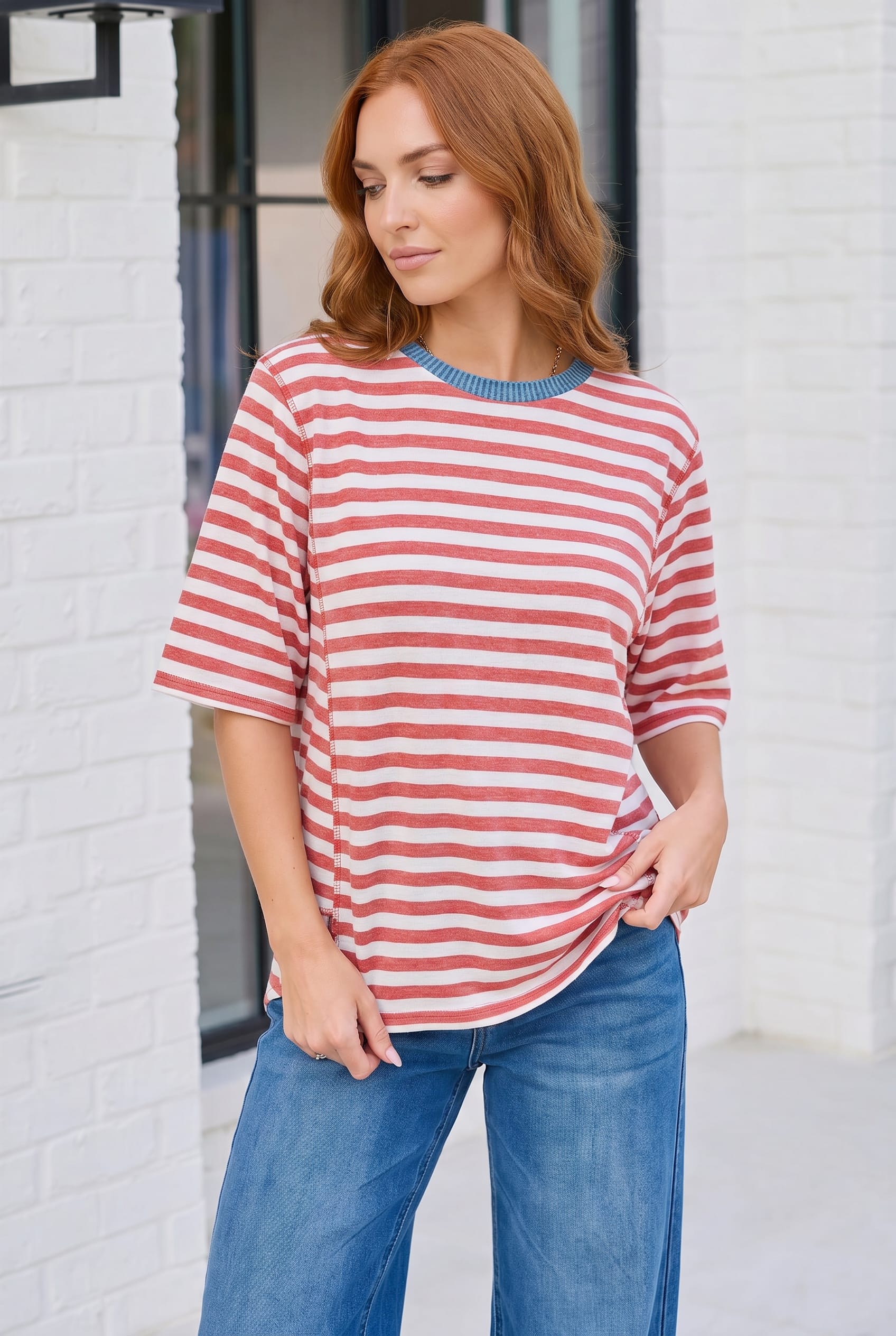 Retro Stripe Oversized Tee with Contrast Ribbed Neck - Charming Charlie