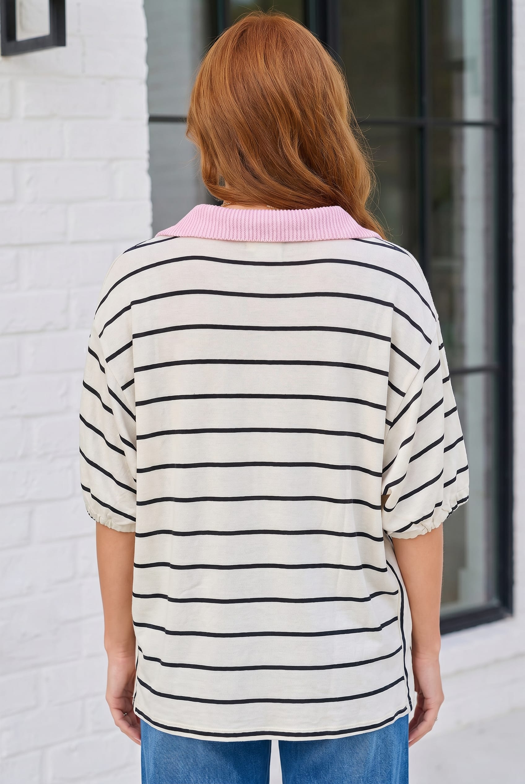 Stripe It Up Polo Tee in Ivory and Pink - Charming Charlie