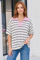 Stripe It Up Polo Tee in Ivory and Pink - Charming Charlie