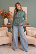 Plaid About You Mock Neck in Hunter Green - Charming Charlie