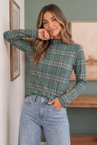 Plaid About You Mock Neck in Hunter Green - Charming Charlie