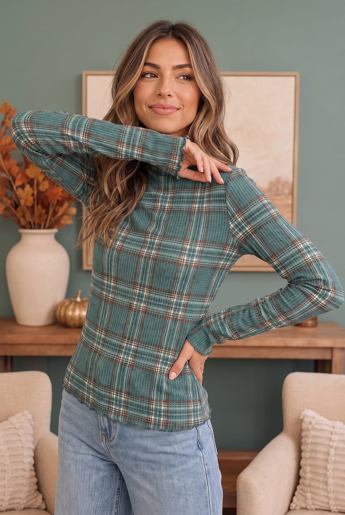 Plaid About You Mock Neck in Hunter Green - Charming Charlie