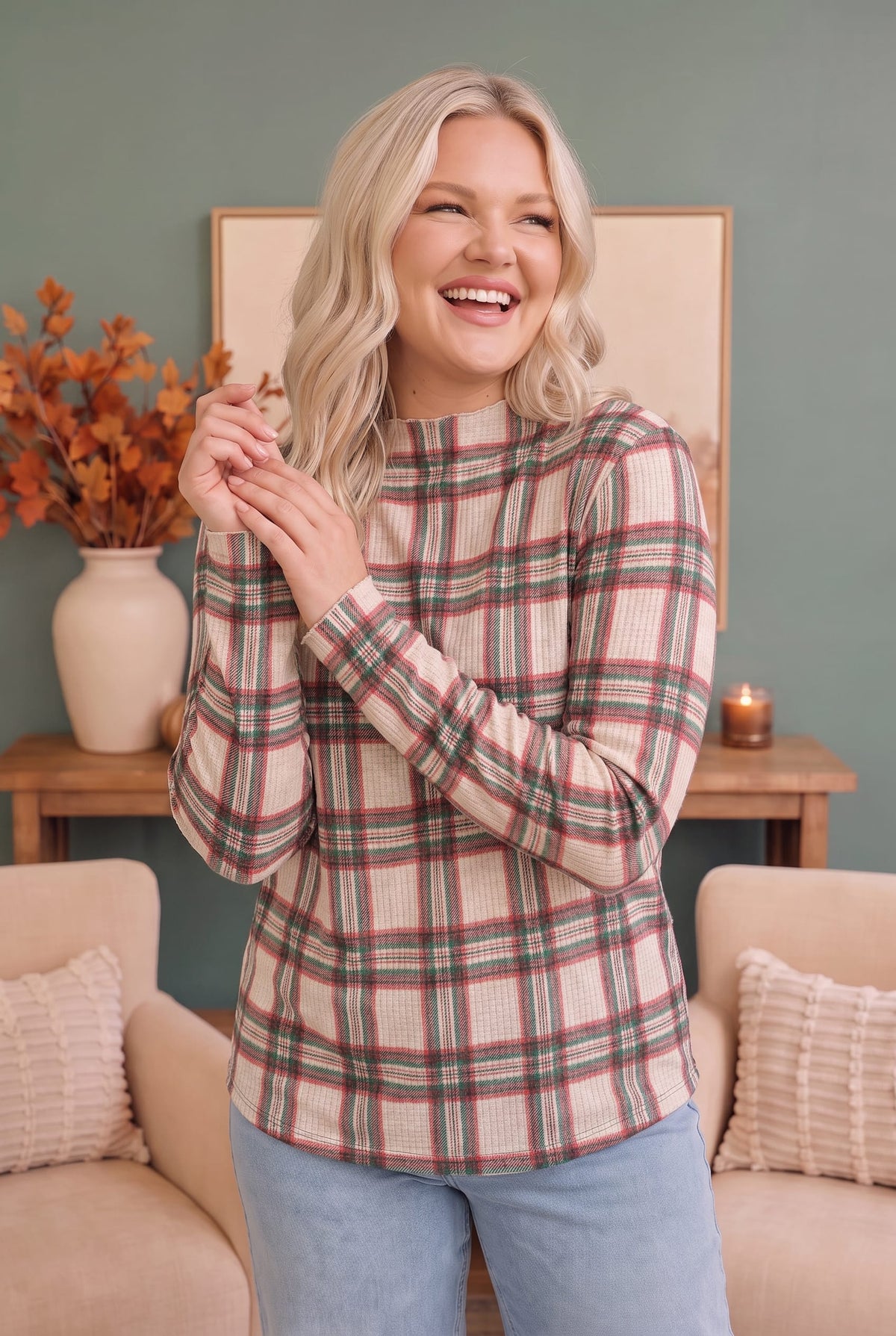 Plaid About You Mock Neck in Ivory - Charming Charlie
