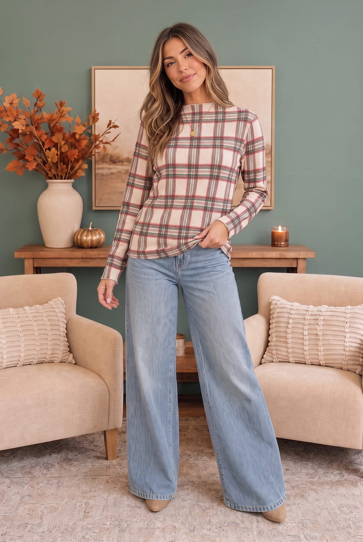 Plaid About You Mock Neck in Ivory - Charming Charlie
