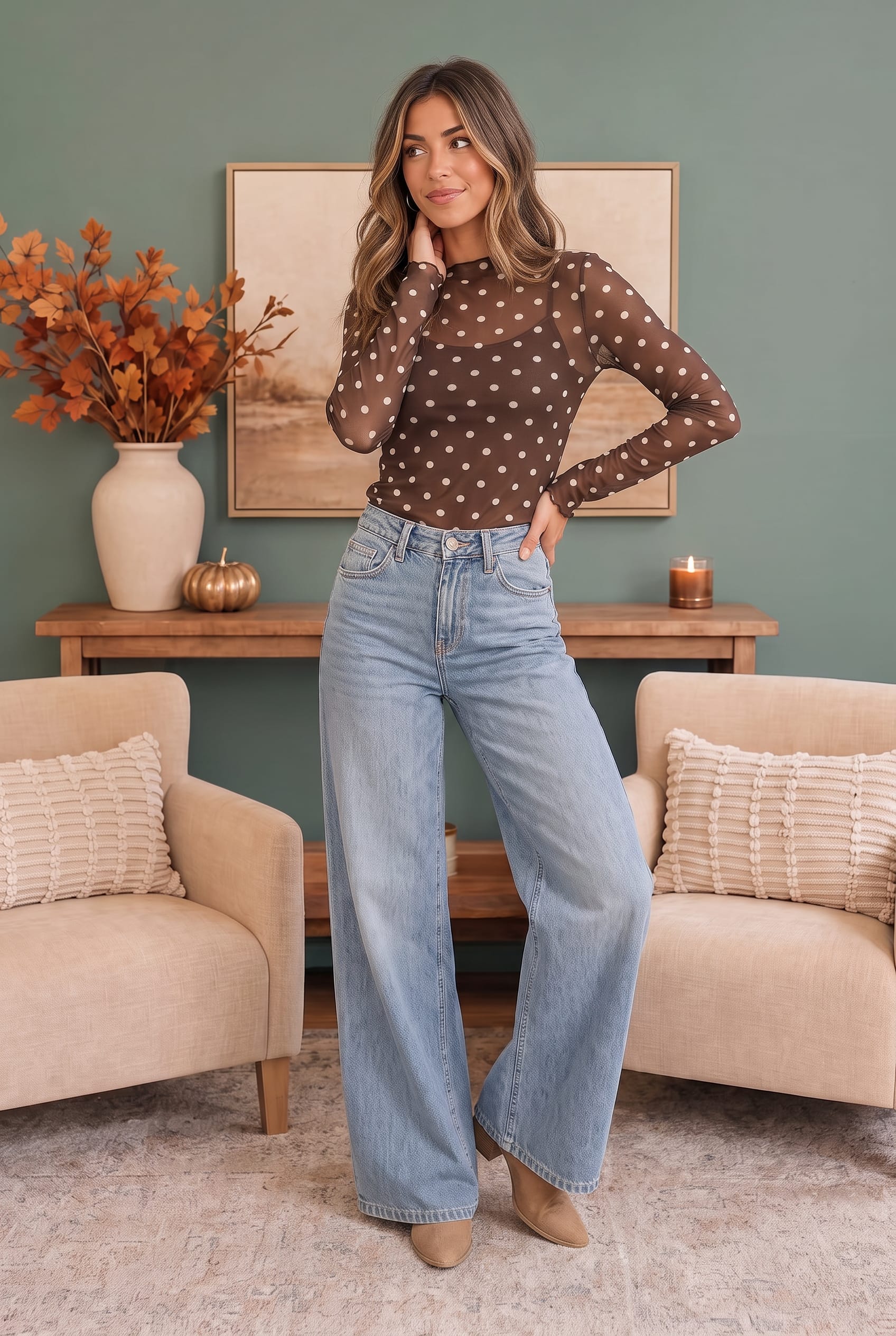 Dotted Dreams Sheer Mesh Mock Neck Top - Charming Charlie